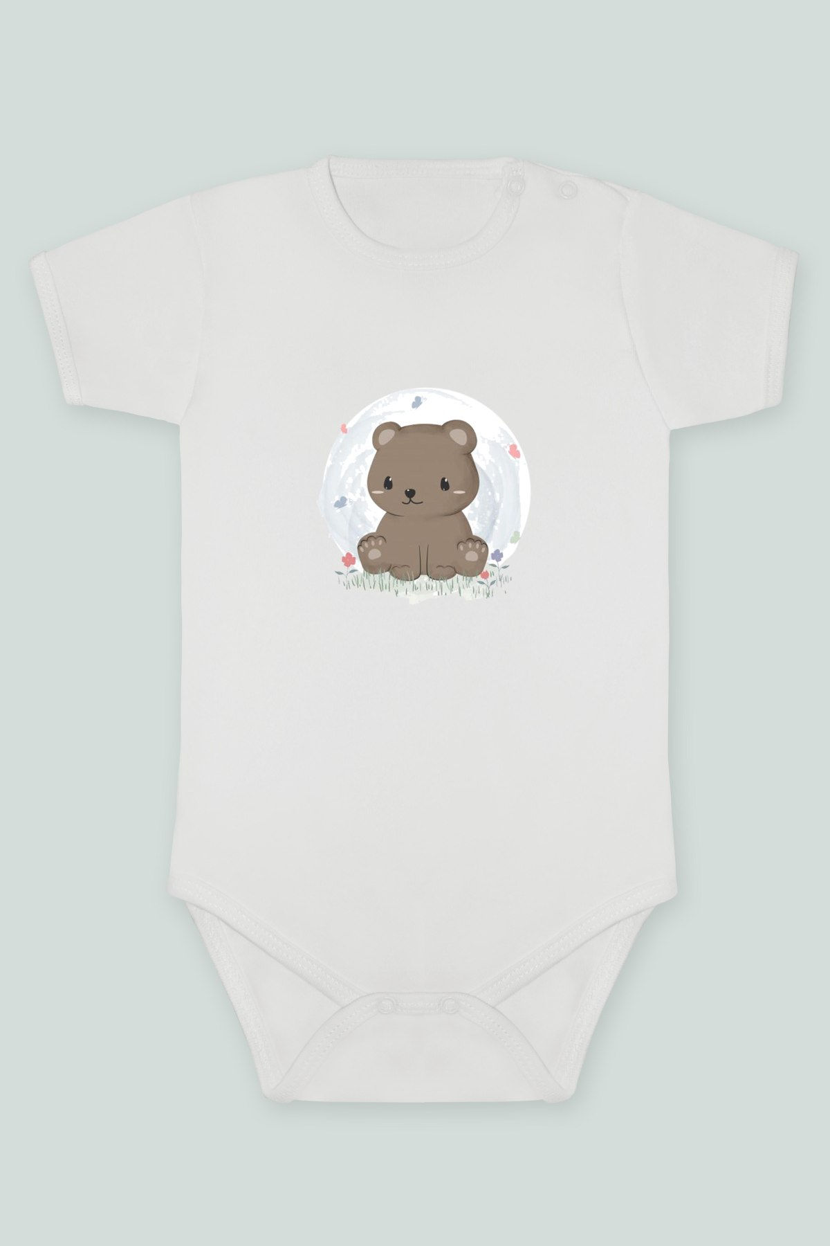 Suluboya Sevimli Kahverengi Bozayı Baskılı Kısa kollu Body Zıbın Badi