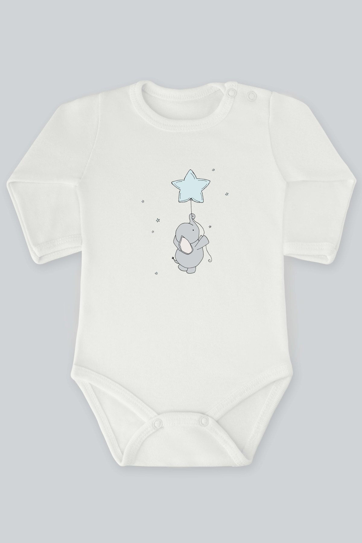 Yıldızlı Mavi Balonlu Sevimli Fil Baskılı Uzun Kollu Bebek Body Zıbın Badi