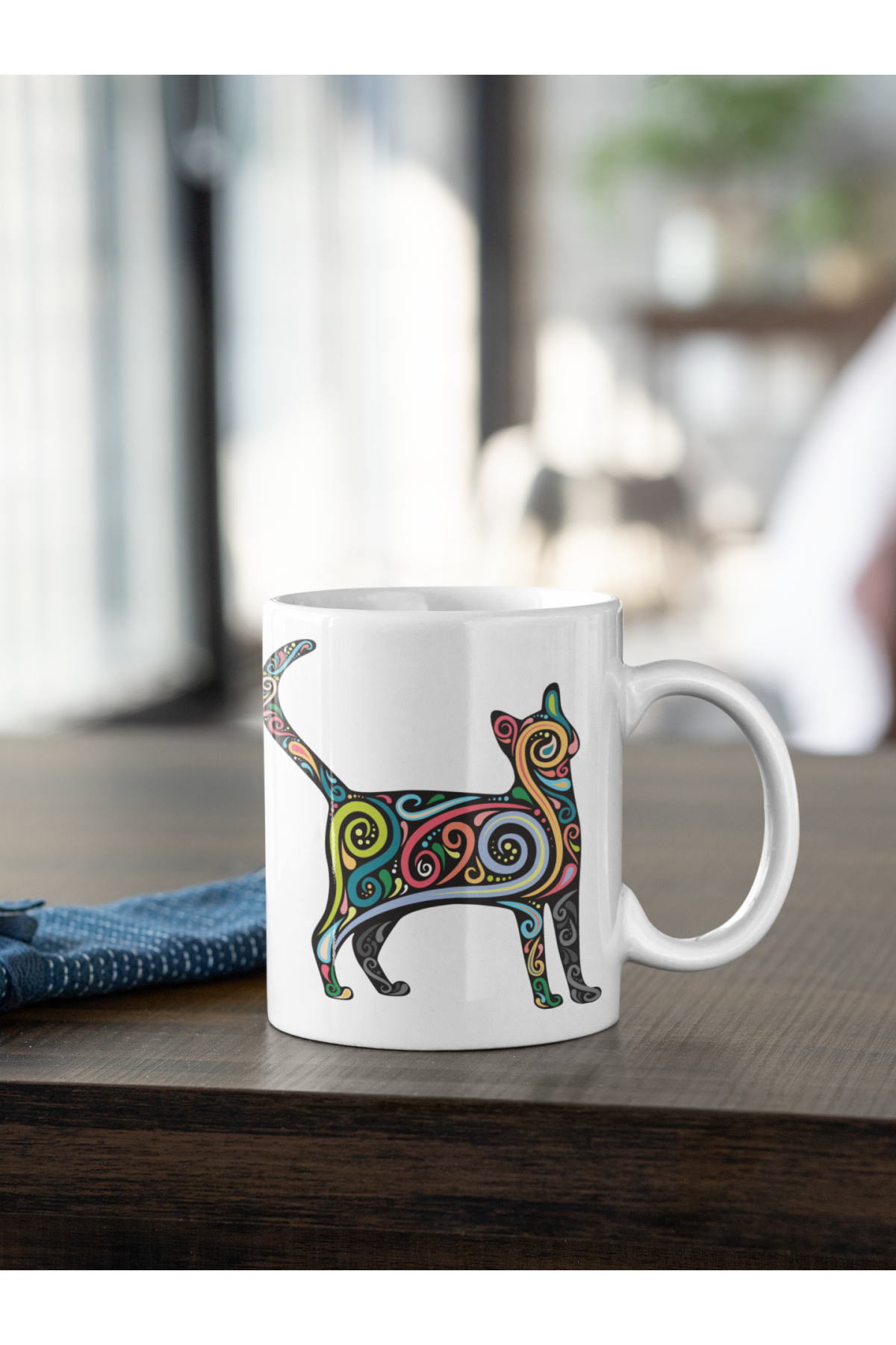 Kedi Renkli Baskılı Kupa Beyaz Porselen Mug