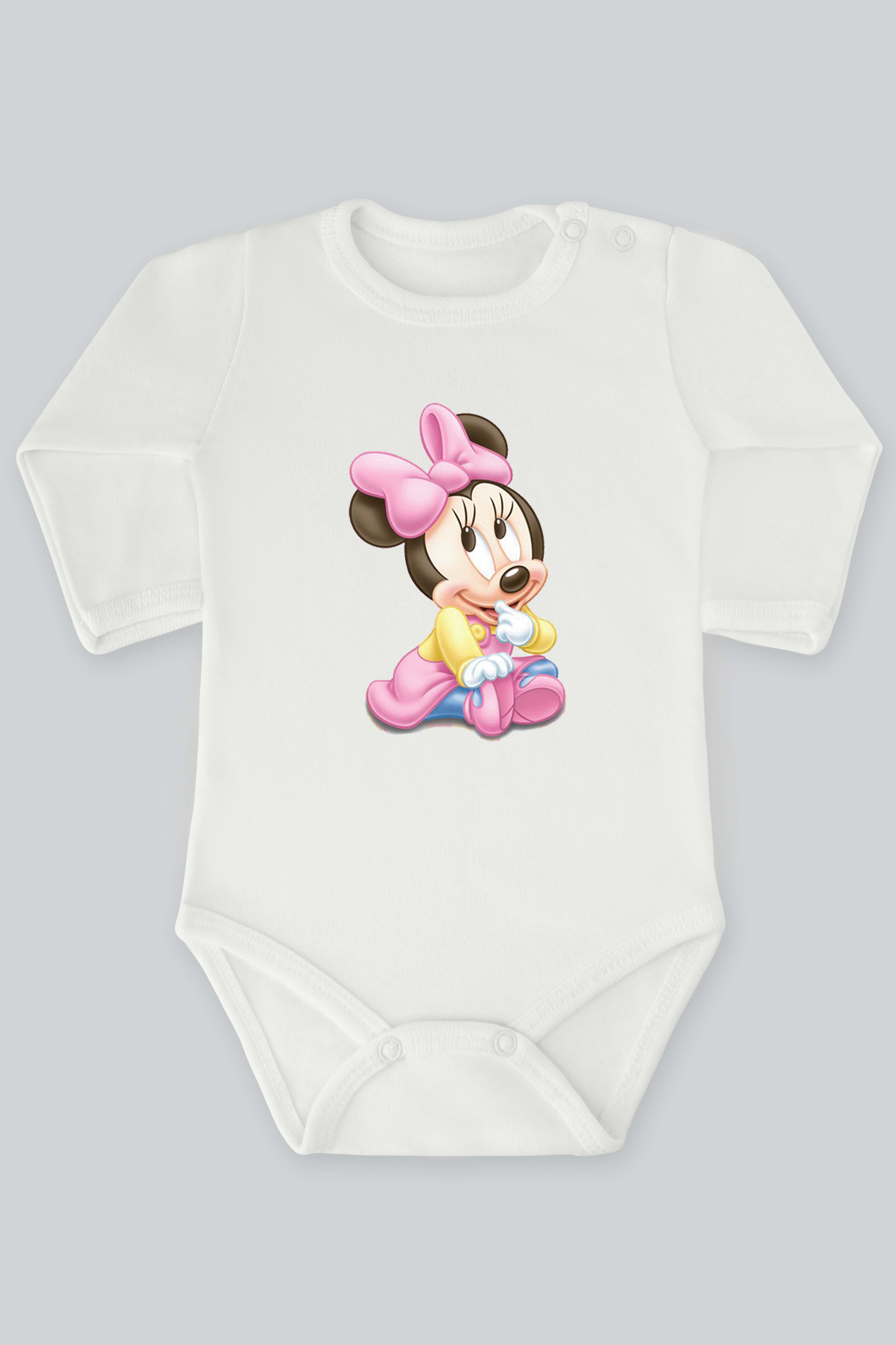 Mickey Mouse Serisi 2 Minnie Fare Baskılı Bebek Çıt çıtlı Zıbın Badi %100 Pamuk