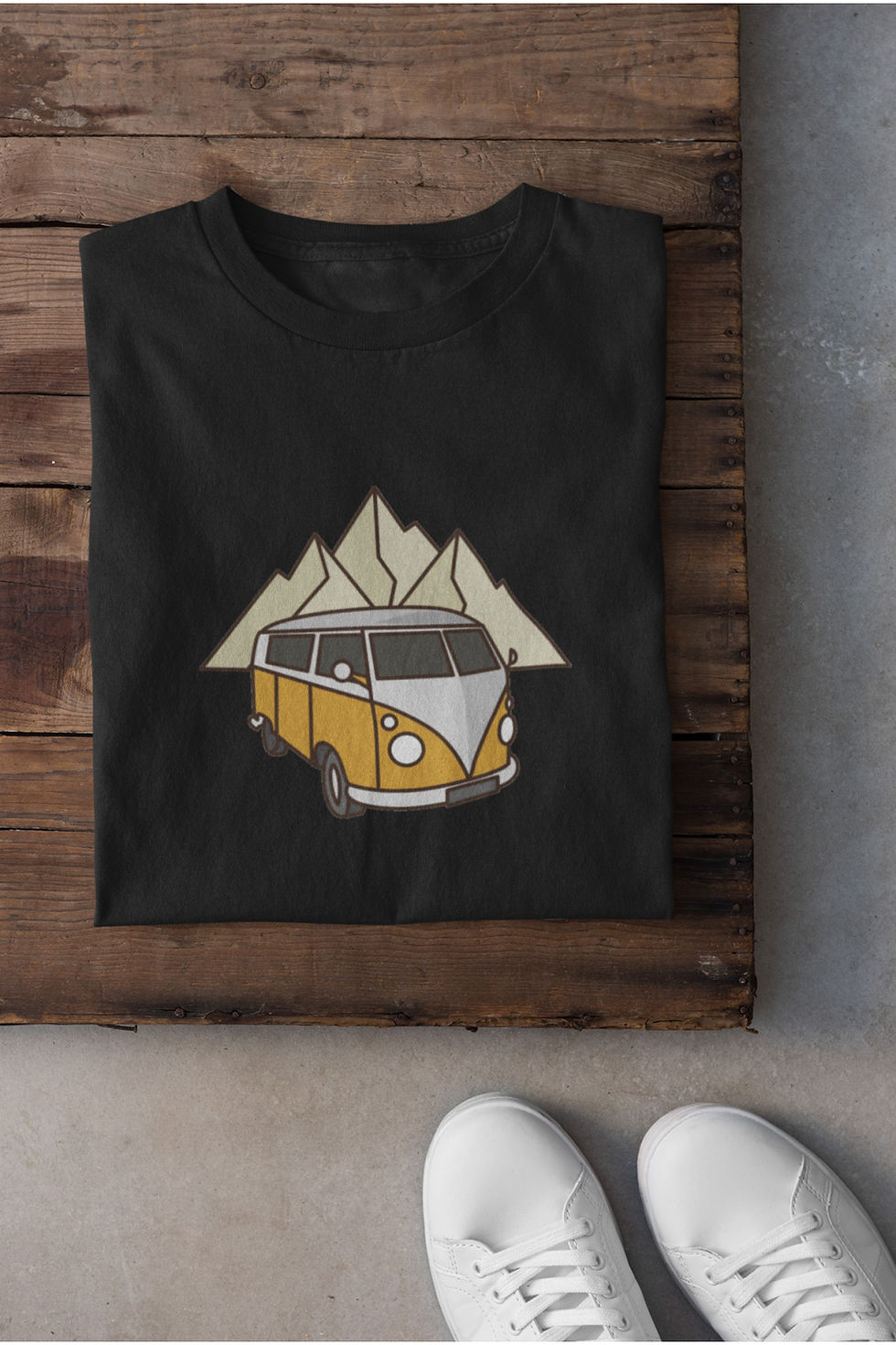 Küçük resim: Sarı Vosvos Minibüs Ve Dağ Baskılı Tişört Erkek %100 Pamuk