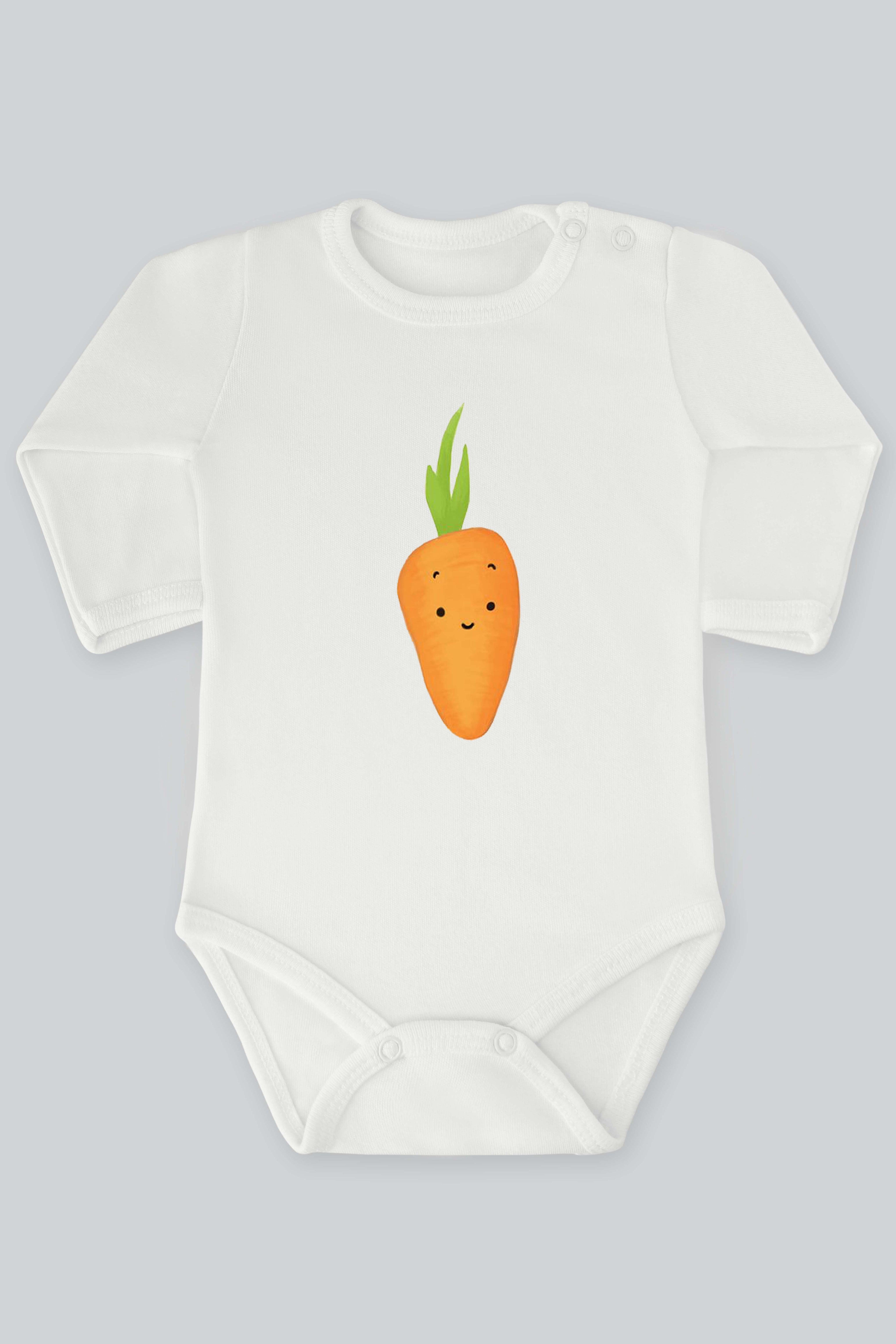 Sebze Serisi 2 Gülümseyen Havuç Baskılı Bebek Çıt çıtlı Zıbın Badi %100 Pamuk