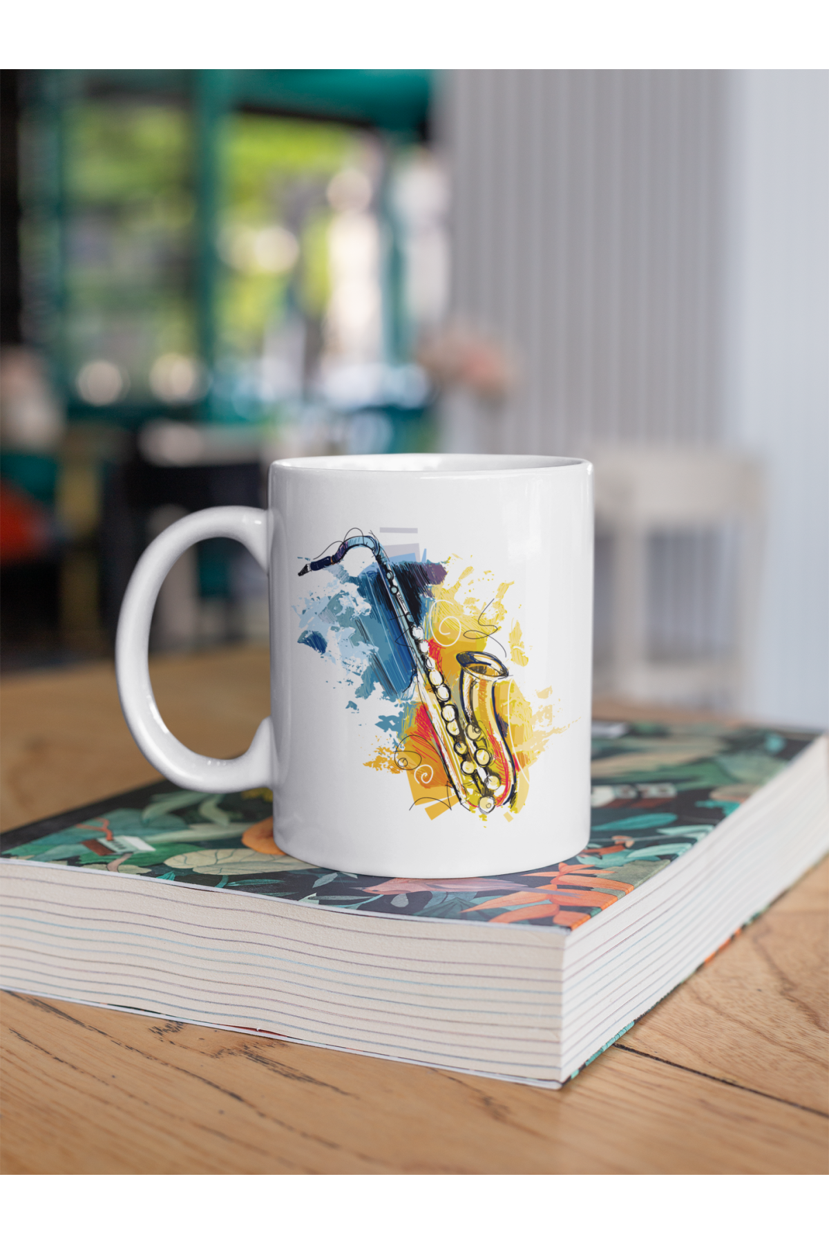 Saksafon Enstrüman Renkli Baskılı Kupa Beyaz Porselen Mug