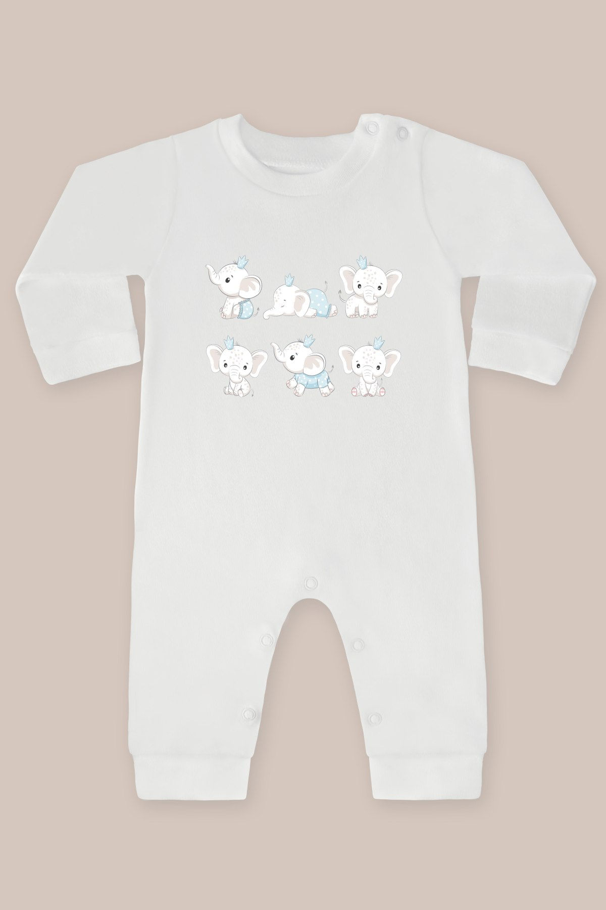 Mavi Taçlı Sevimli Altılı Fil Baskılı Uzun Kollu Tulum