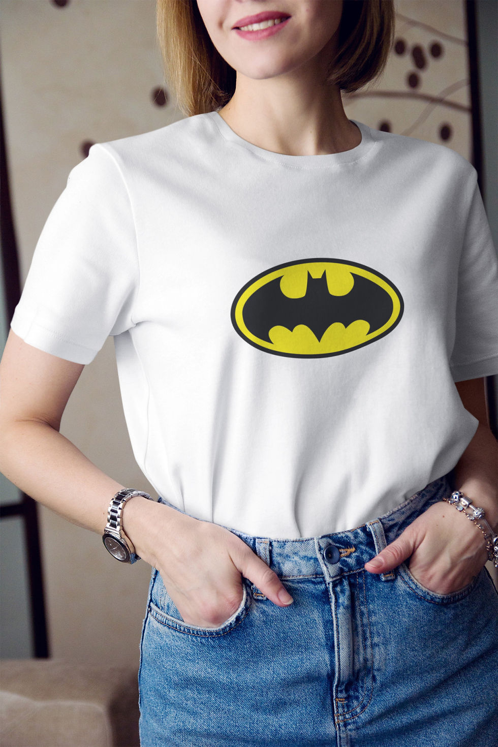 Küçük resim: DC Batman Karakteri Logo Baskılı Tişört Kadın %100 Pamuk