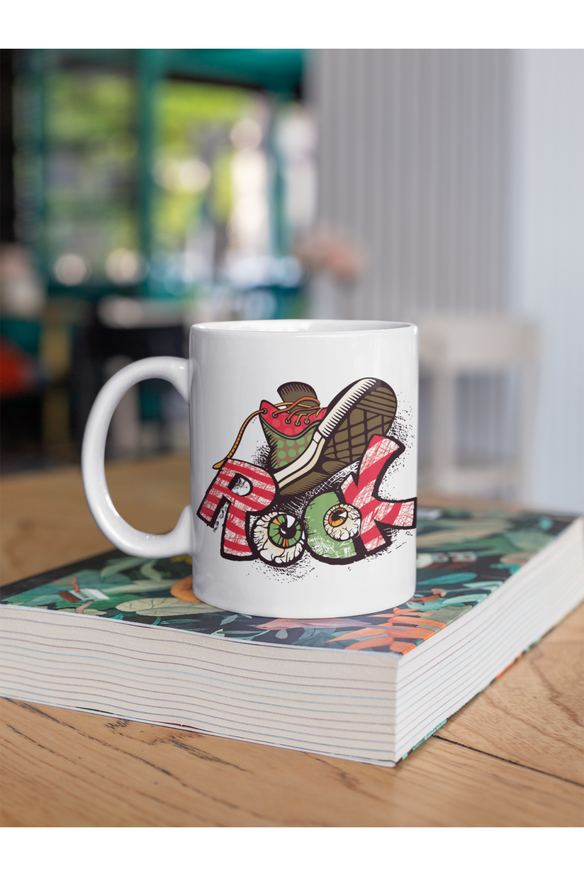Rock Yazılı Göz ve Ayakkabı Desen Baskılı Kupa Beyaz Porselen Mug