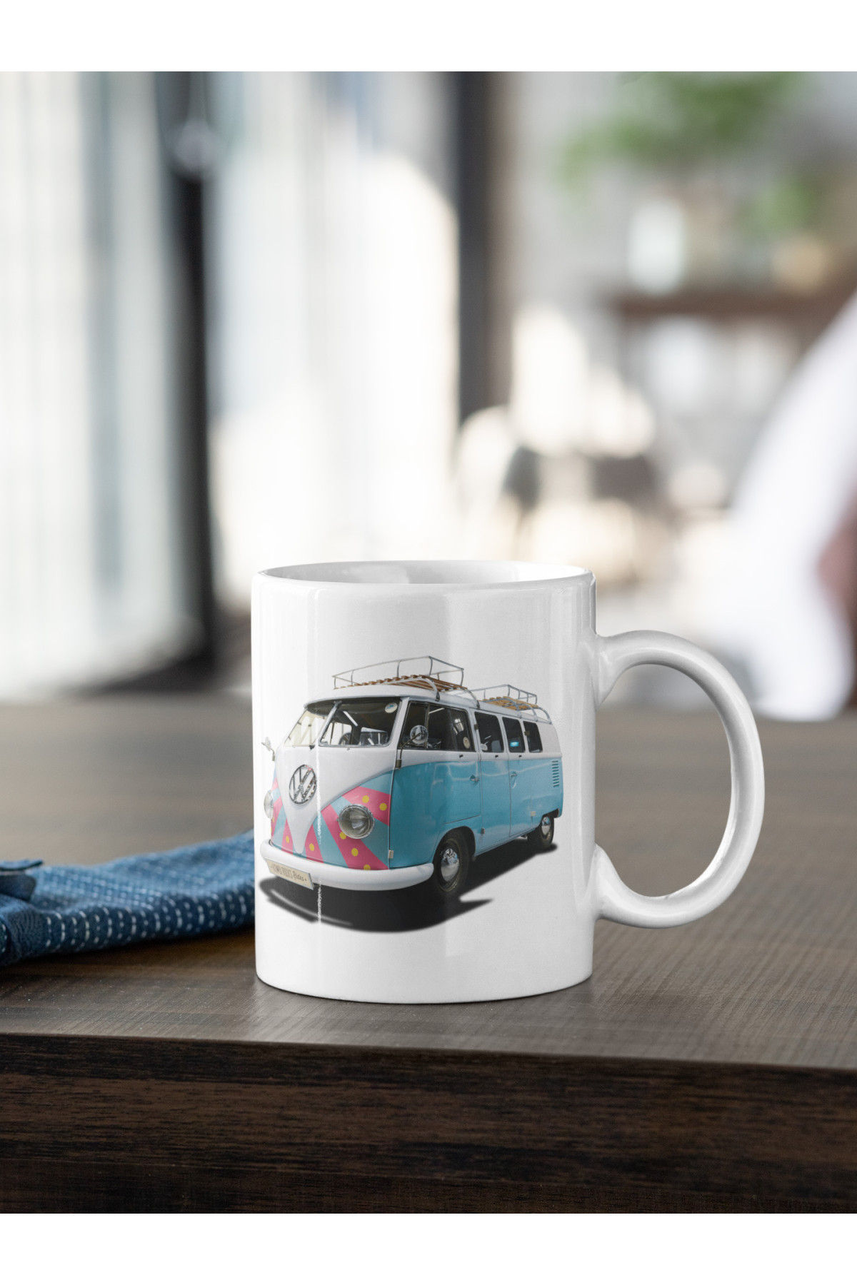 Renkli Vosvos Minibüs Baskılı Kupa Beyaz Porselen Mug