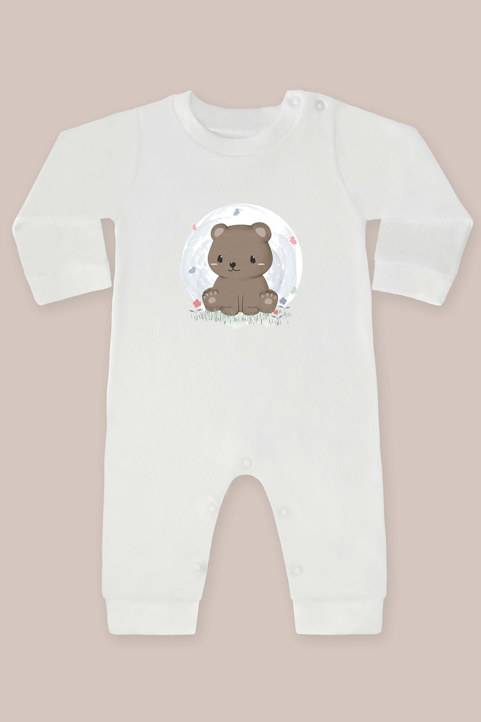 Suluboya Sevimli Kahverengi Bozayı Baskılı Uzun Kollu Tulum