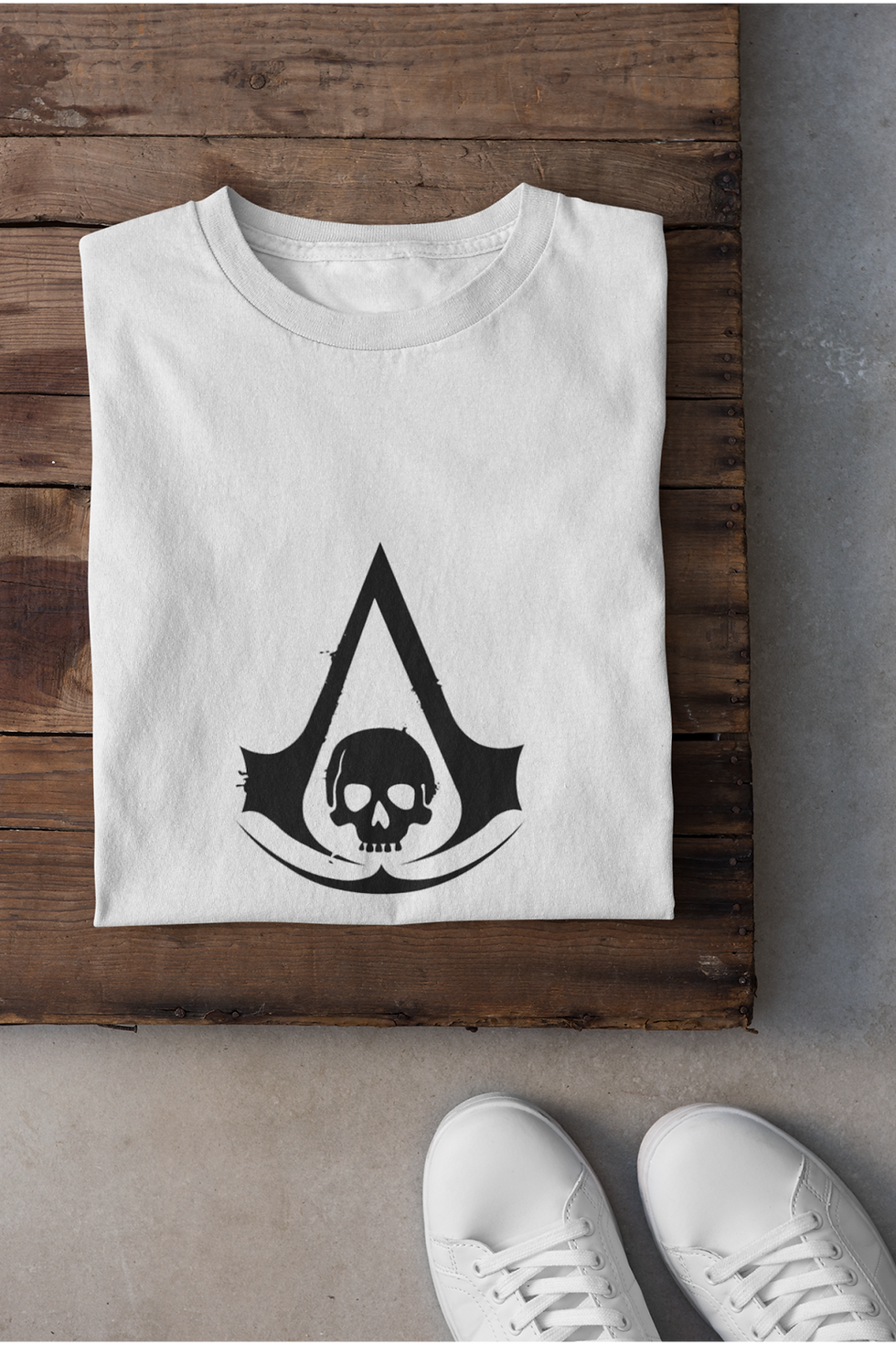 Küçük resim: Assassin's Creed Karakter Logo Siyah Beyaz Baskılı Tişört Erkek %100 Pamuk
