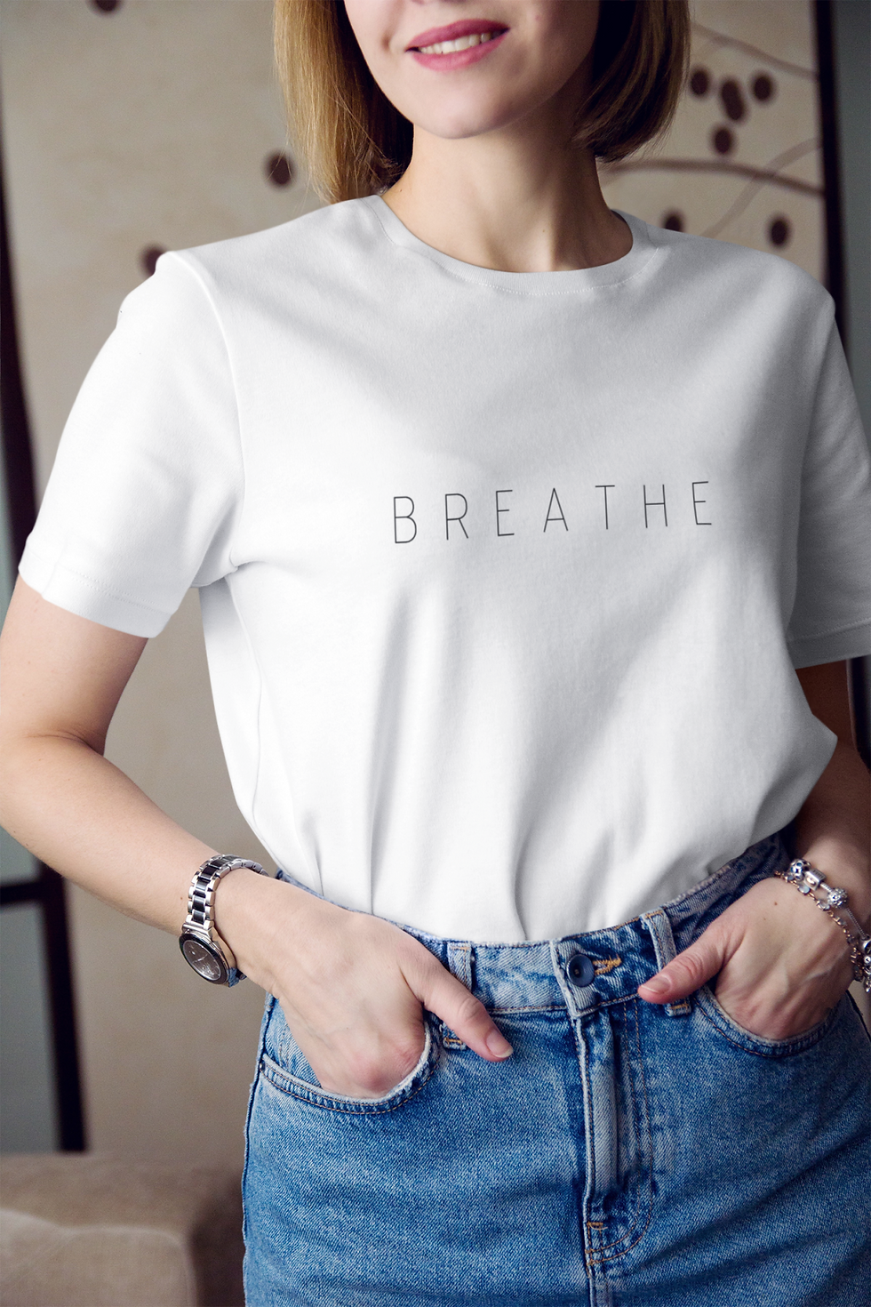 Küçük resim: Breathe Nefes Yazılı Baskılı Tişört Kadın %100 Pamuk