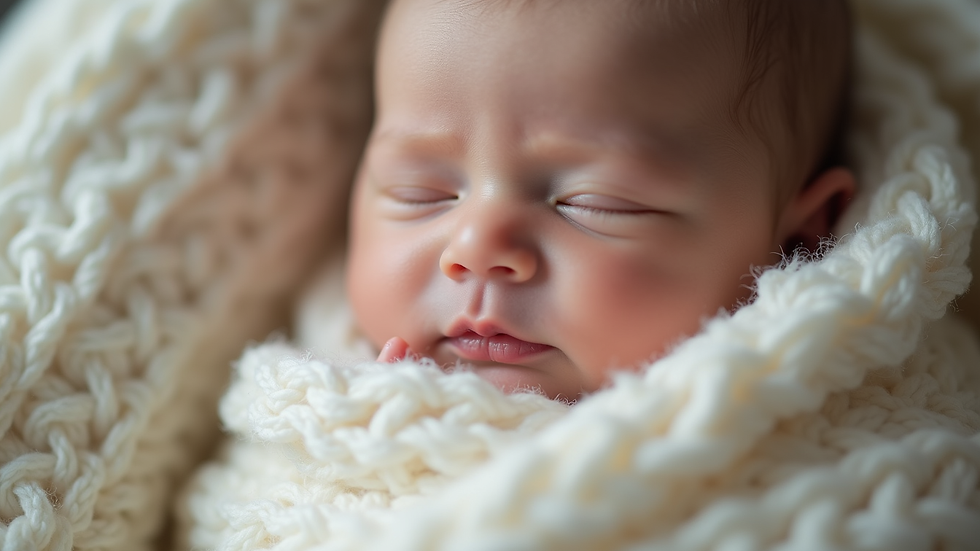 close-up view of a newborn baby wrapped in a soft blanket during a home photo shoot