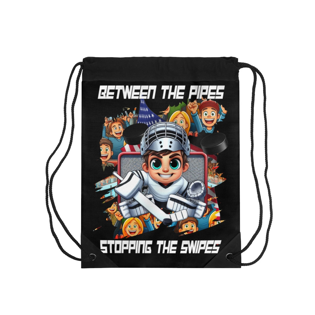 Hockey Between the Pipes Drawstring Bag