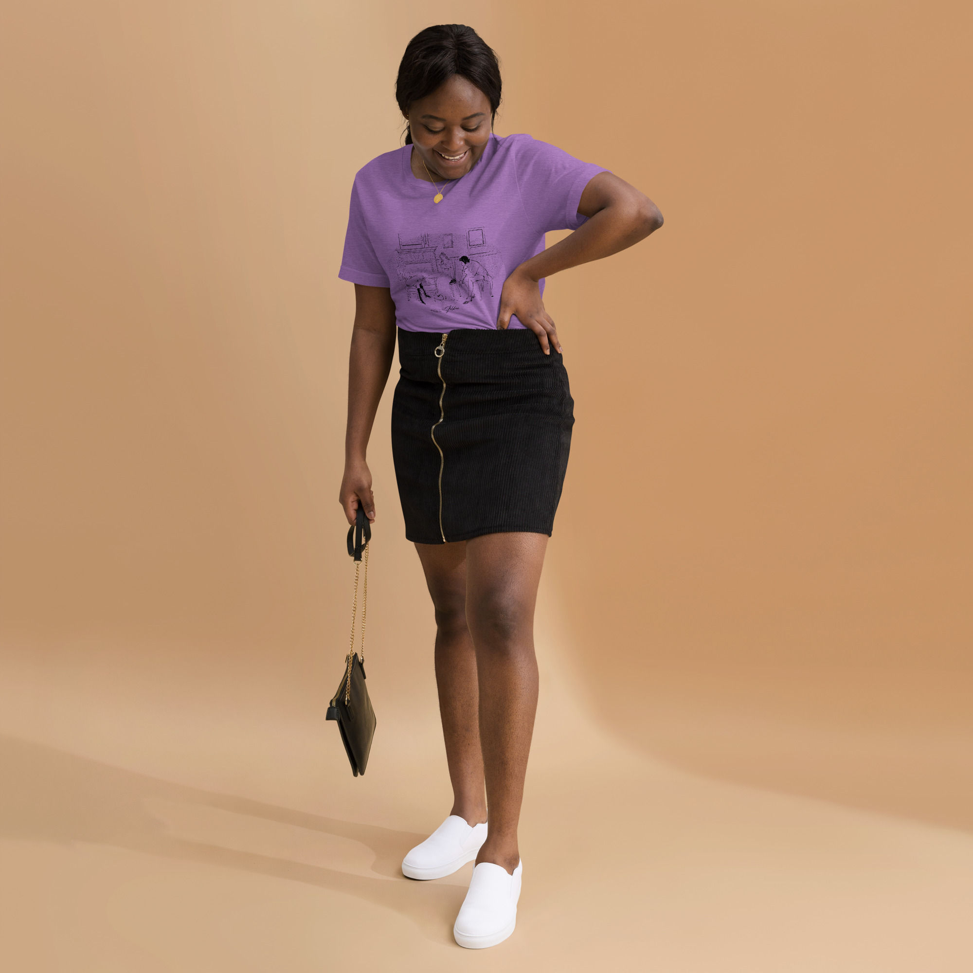 fine line illustration on a t-shirt of three regency-era people sitting in a drawing room