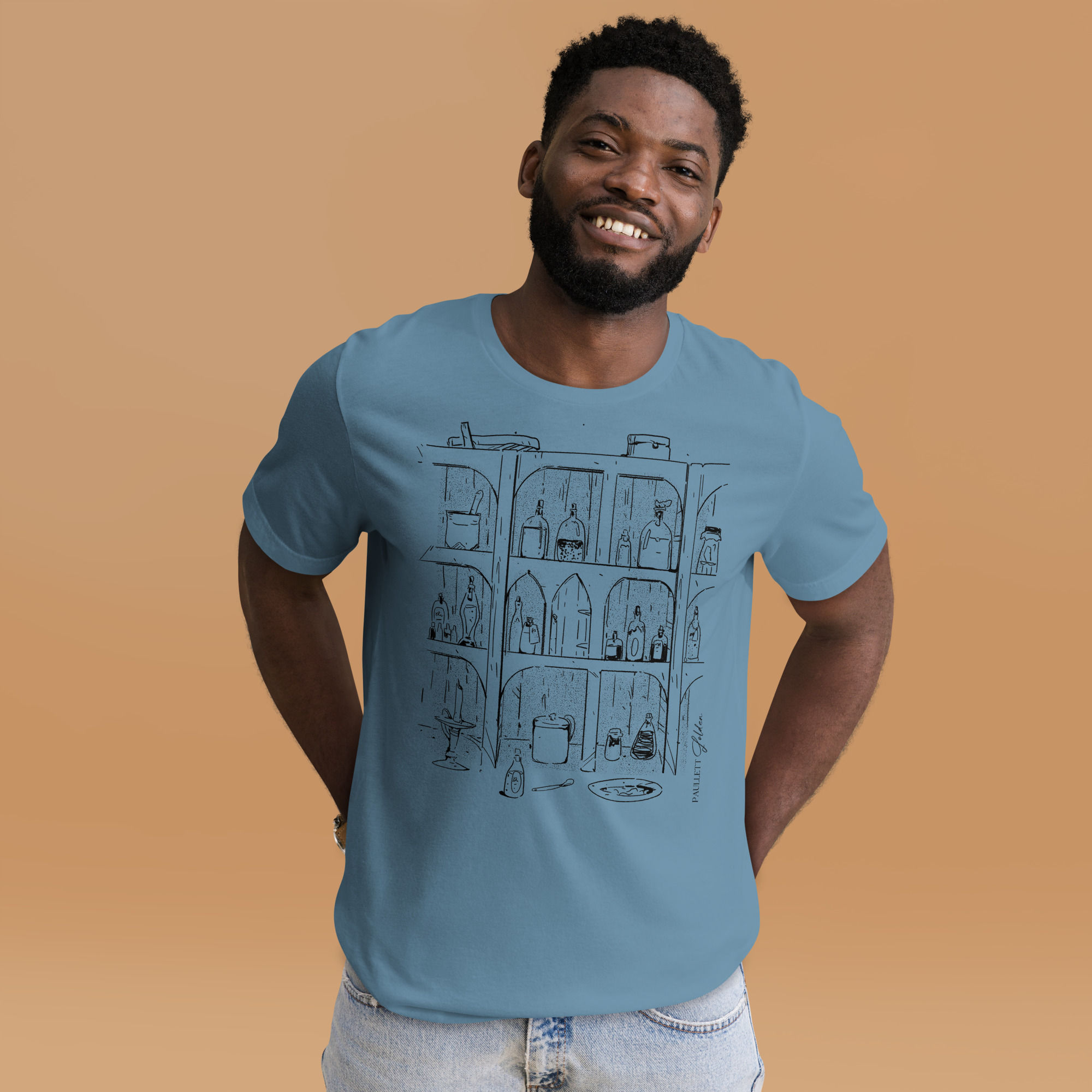 fine line illustration on a t-shirt of an apothecary shelf