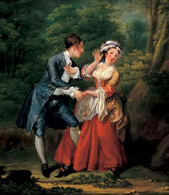 a painting of a young man forcing flirtation on a young lady