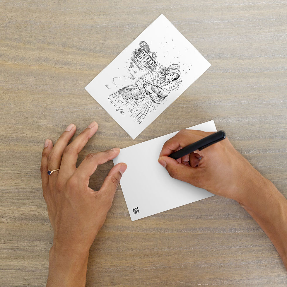 fine line illustration of a regency-era woman carrying her baby through the snow to a stately home