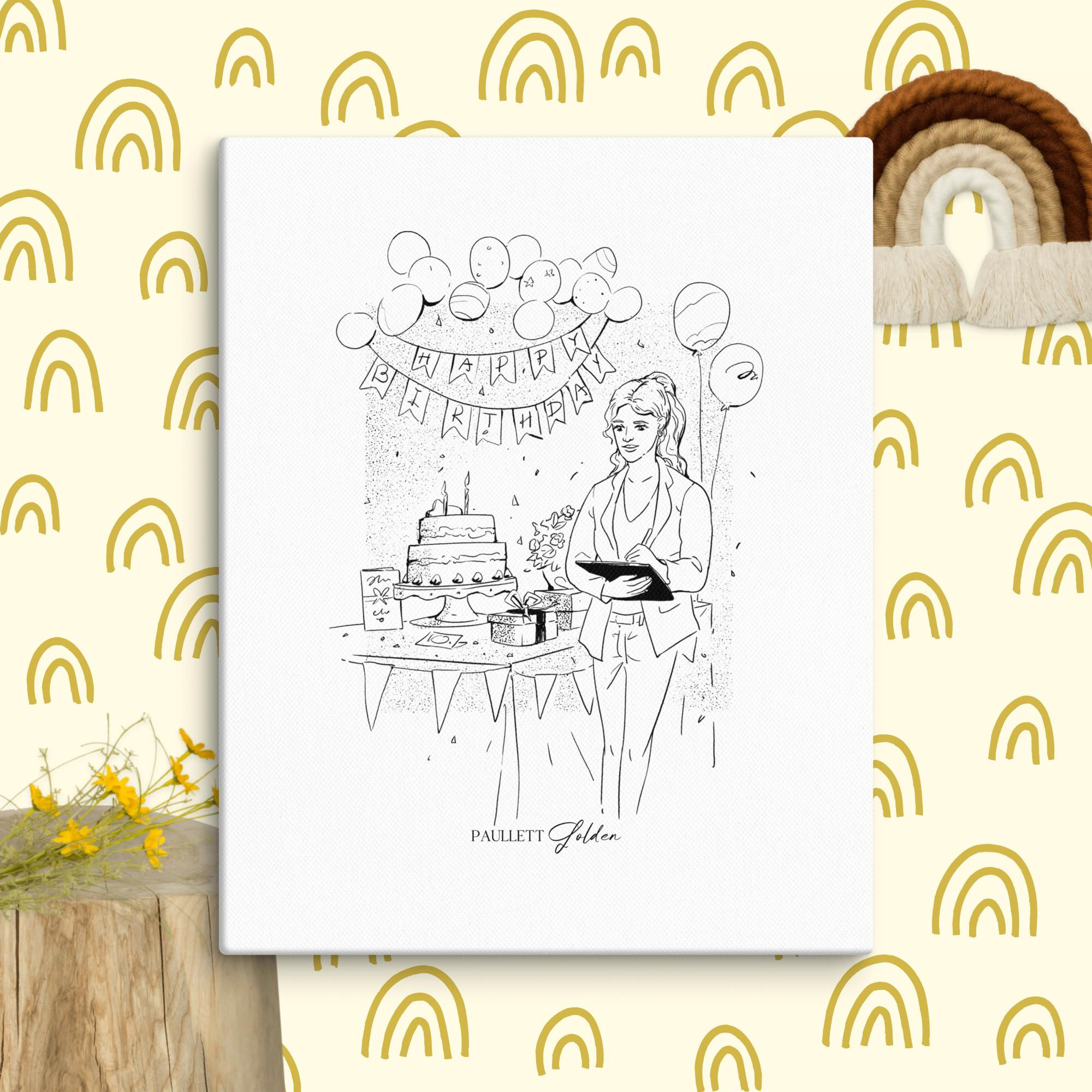 fine line illustration on canvas of a woman coordinating a birthday party, featuring cake and streamers