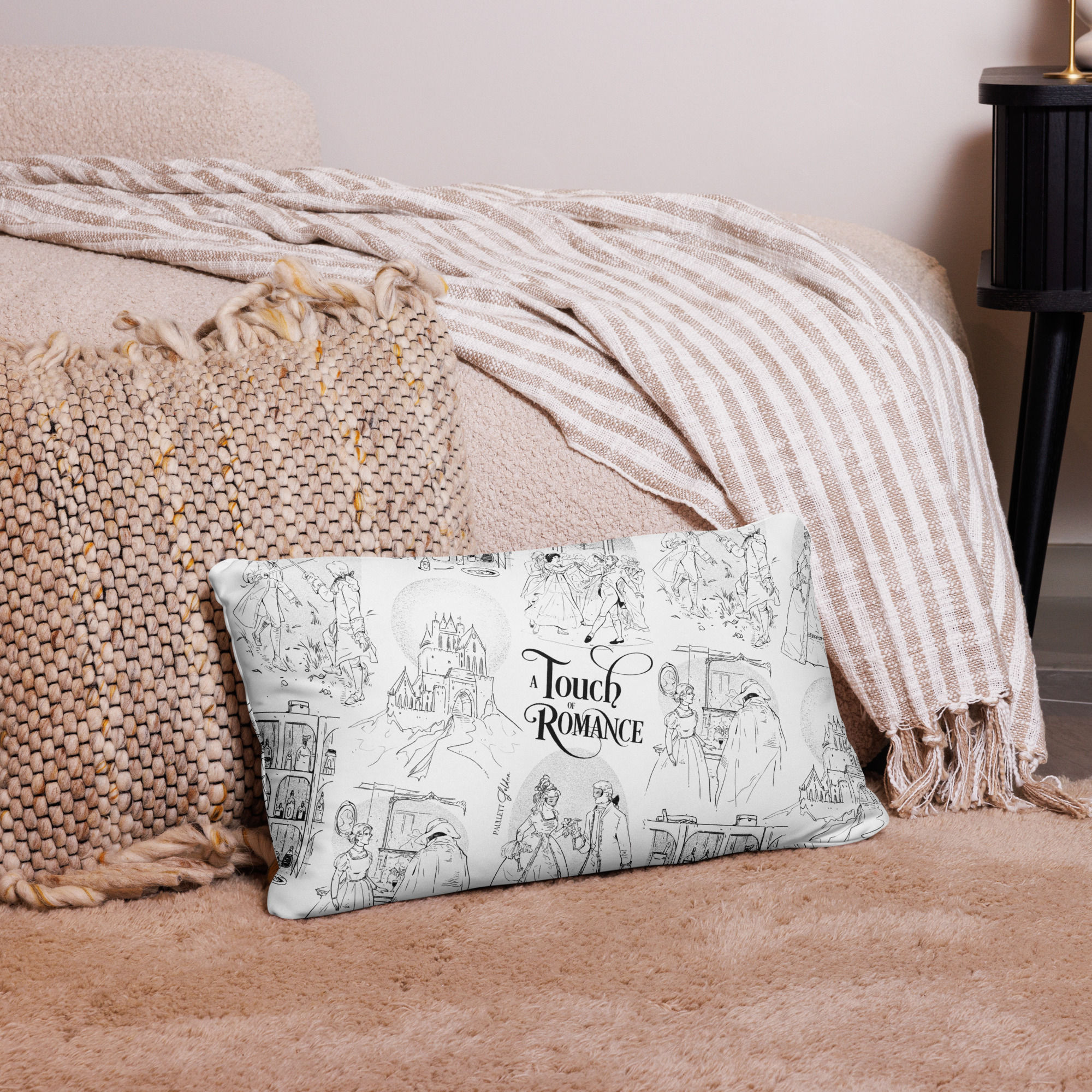 fine line illustrations on a 20x12 pillowcase featuring holiday themes during the regency era