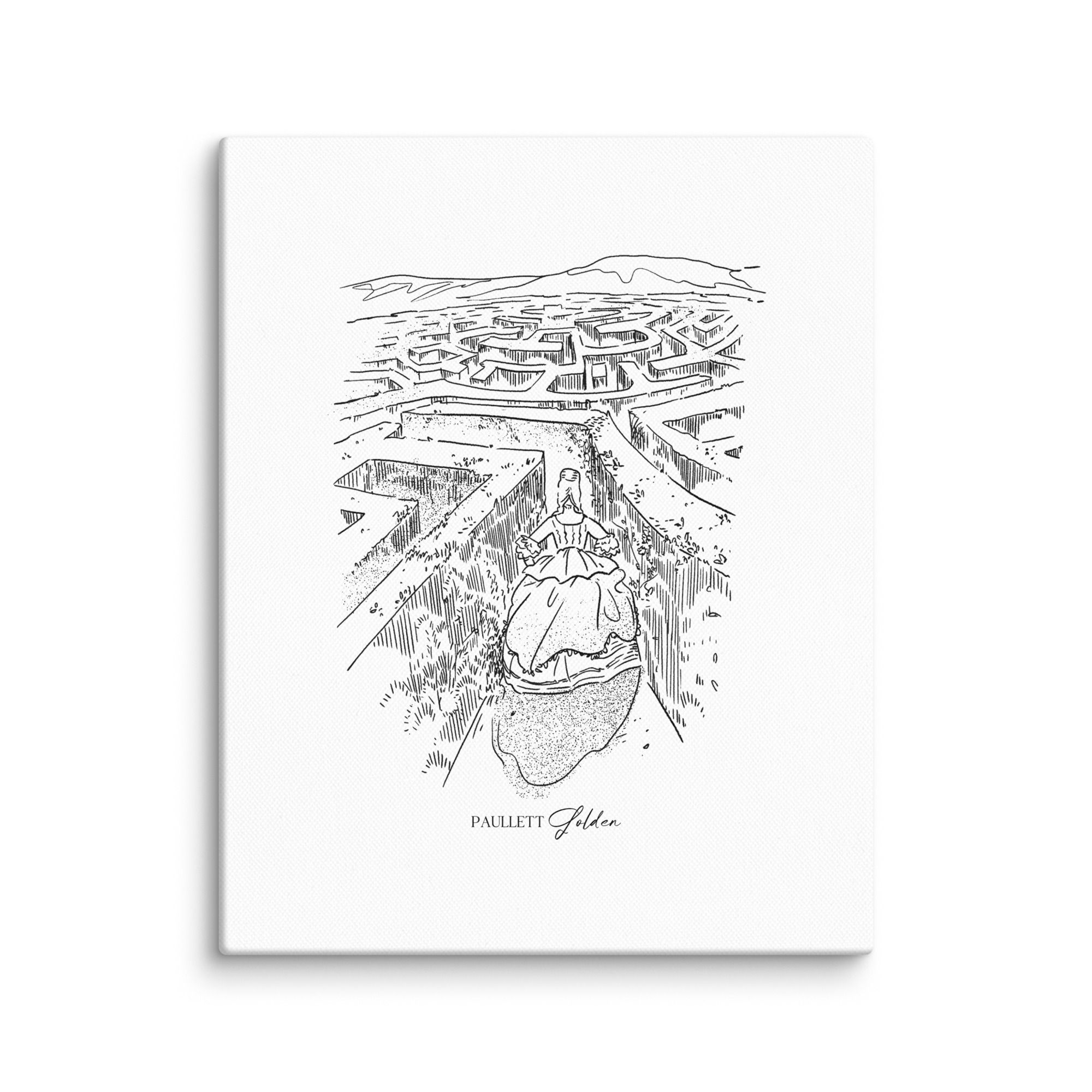 fine line illustration on canvas of an 18th century lady running through a hedge maze