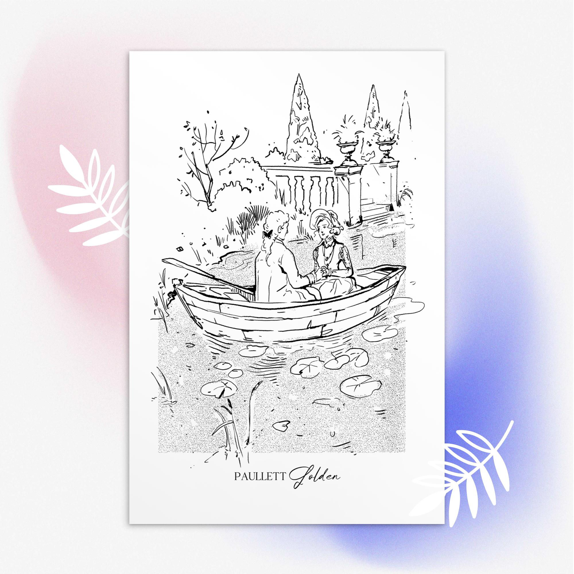 fine line illustration on postcard of a regency couple in a boat on a lake