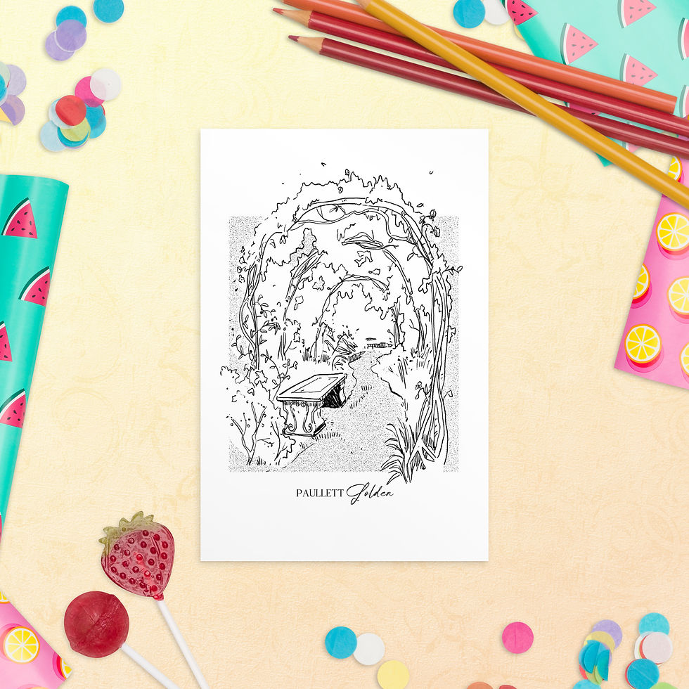 fine line illustration on postcard of a stone bench under a flowery arch