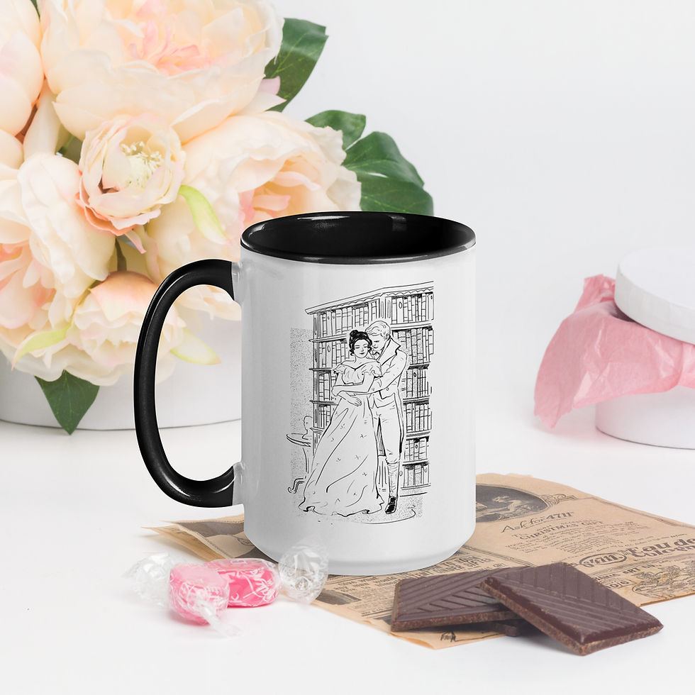 fine line illustration of a regency couple embracing in a library