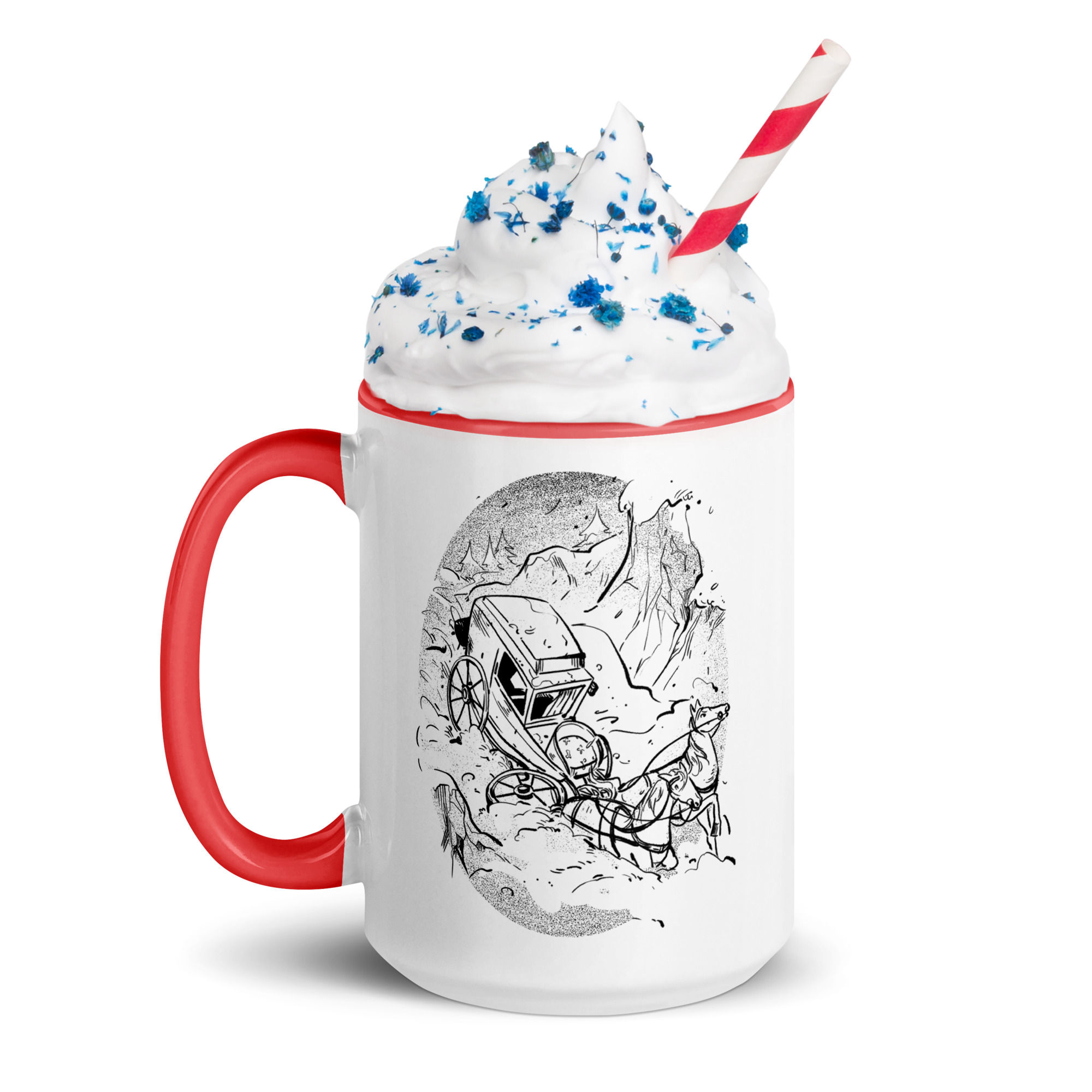 fine line illustration of a runaway carriage caught in the snow