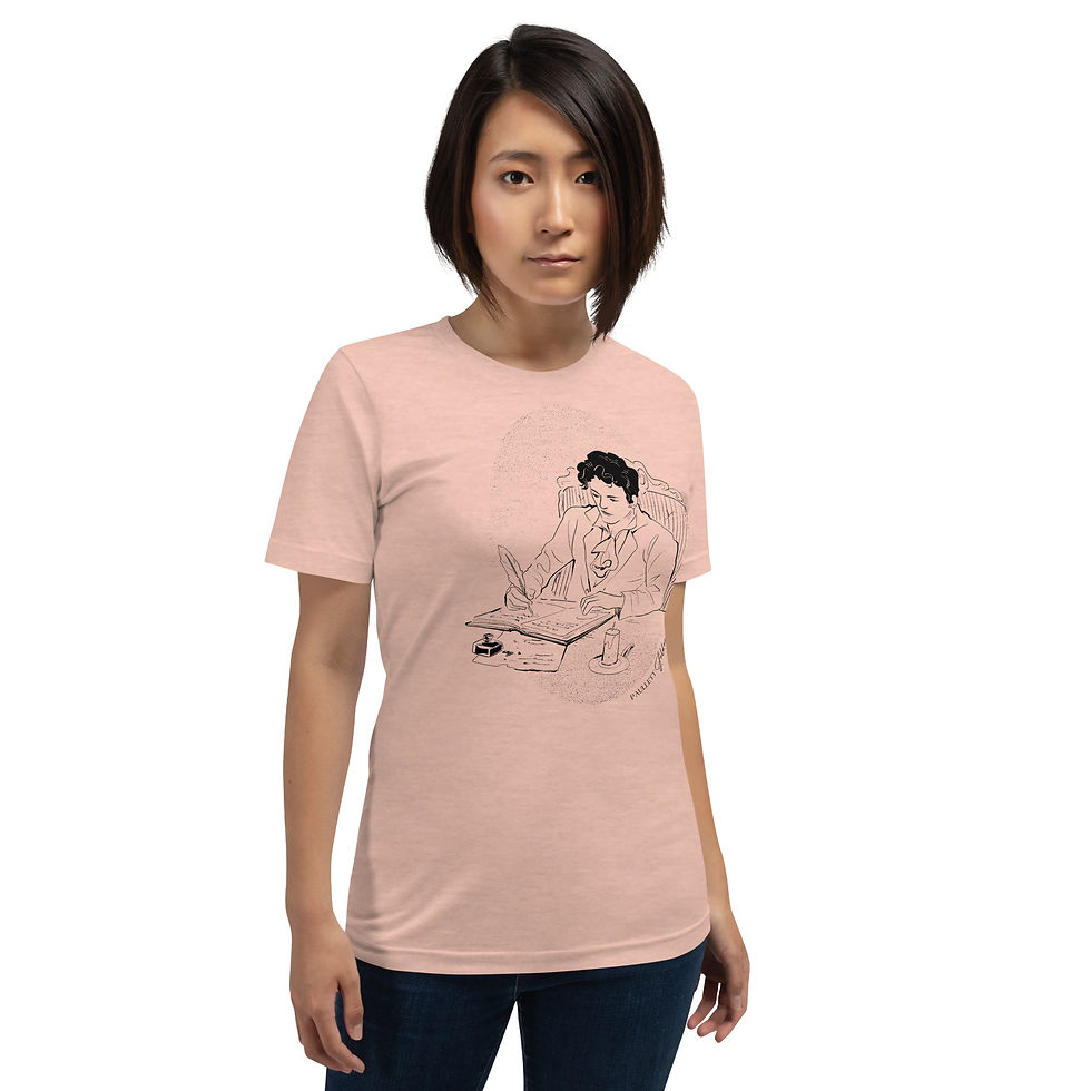 Thumbnail: fine line illustration on a shirt of a regency gentleman at a writing desk