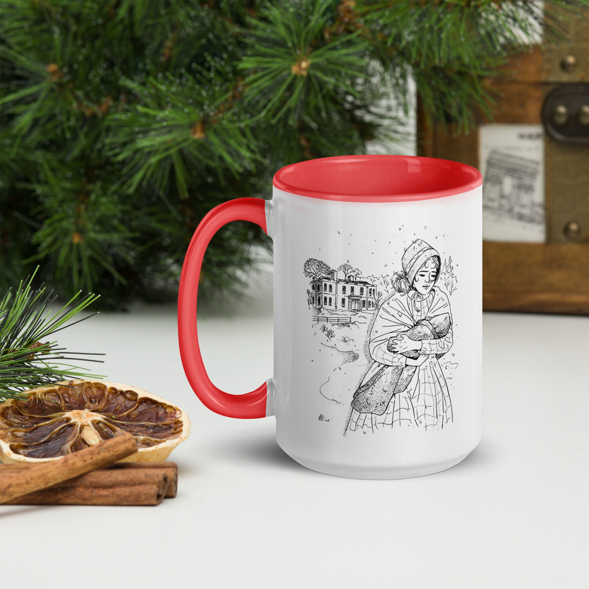 fine line illustration of a regency-era woman carrying a baby through the snow to reach a manor