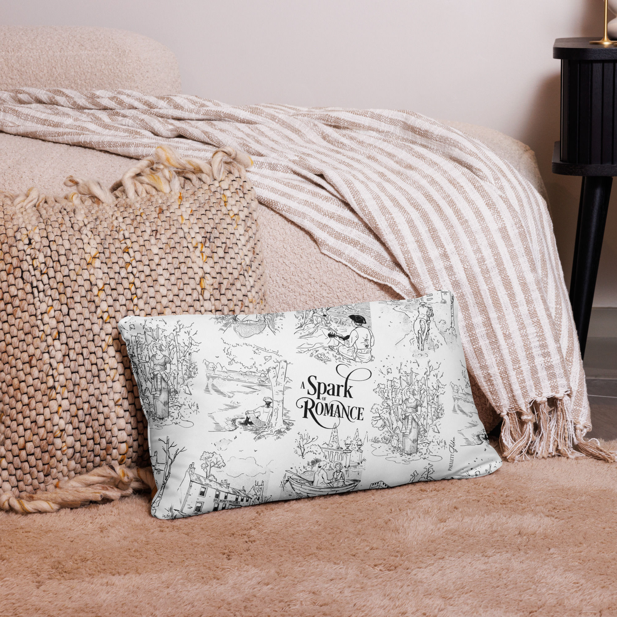 fine line illustrations on pillowcase of regency-era inspired picnic themes