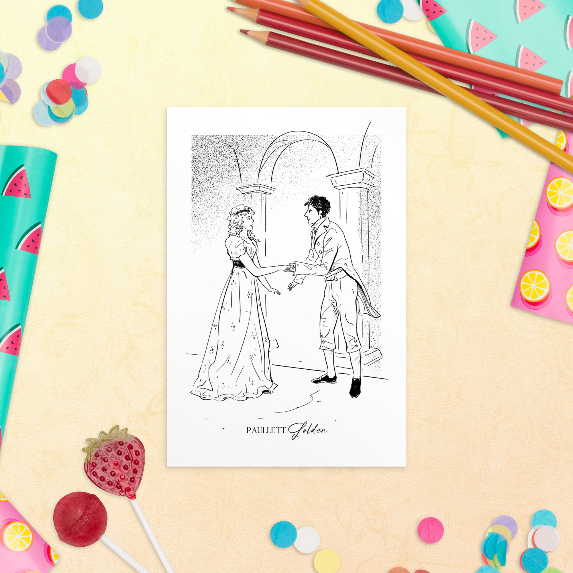 fine line illustration on a postcard of a regency couple talking