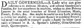 an 1815 advertisement for a governess who speaks fluent French and Italian
