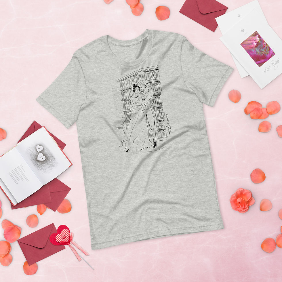 Thumbnail: fine line illustration on a tshirt of a regency couple embracing in the library