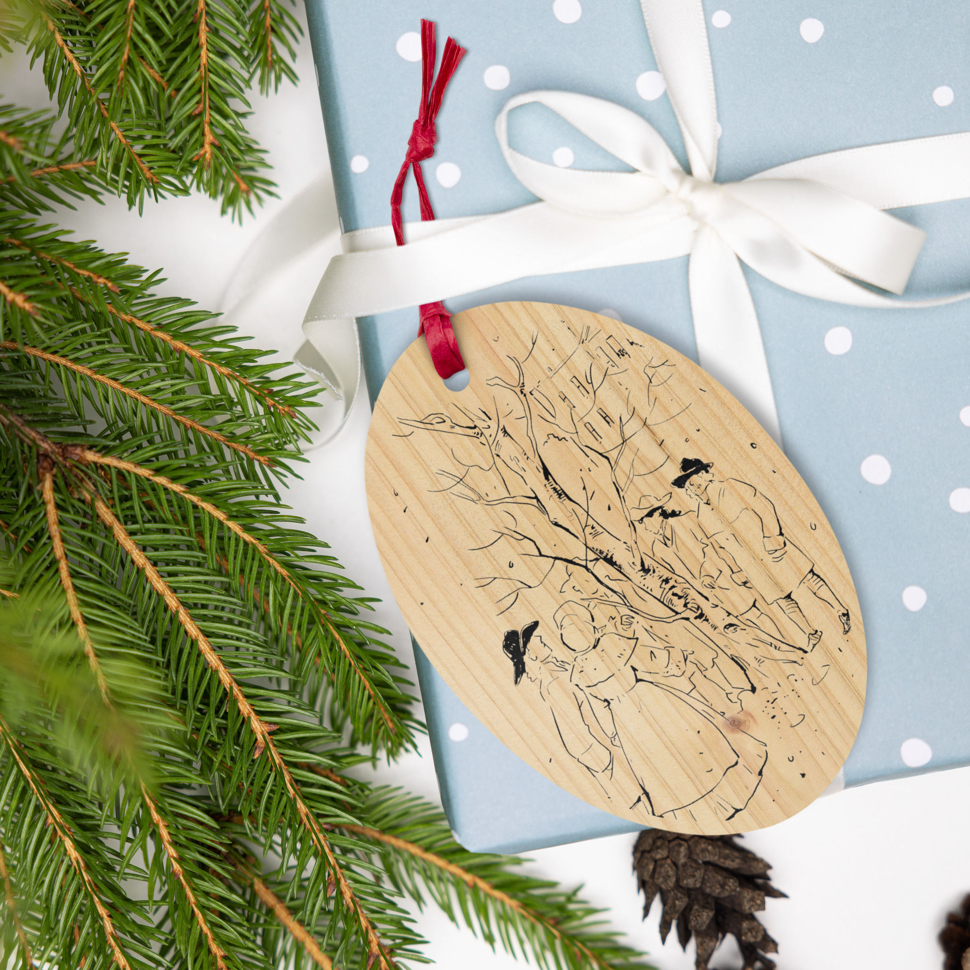 fine line illustration of regency-era wassailers singing around a tree