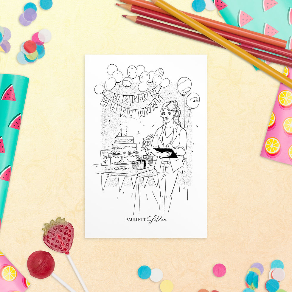 fine line illustration on postcard of a woman at a birthday party with streamers and cake