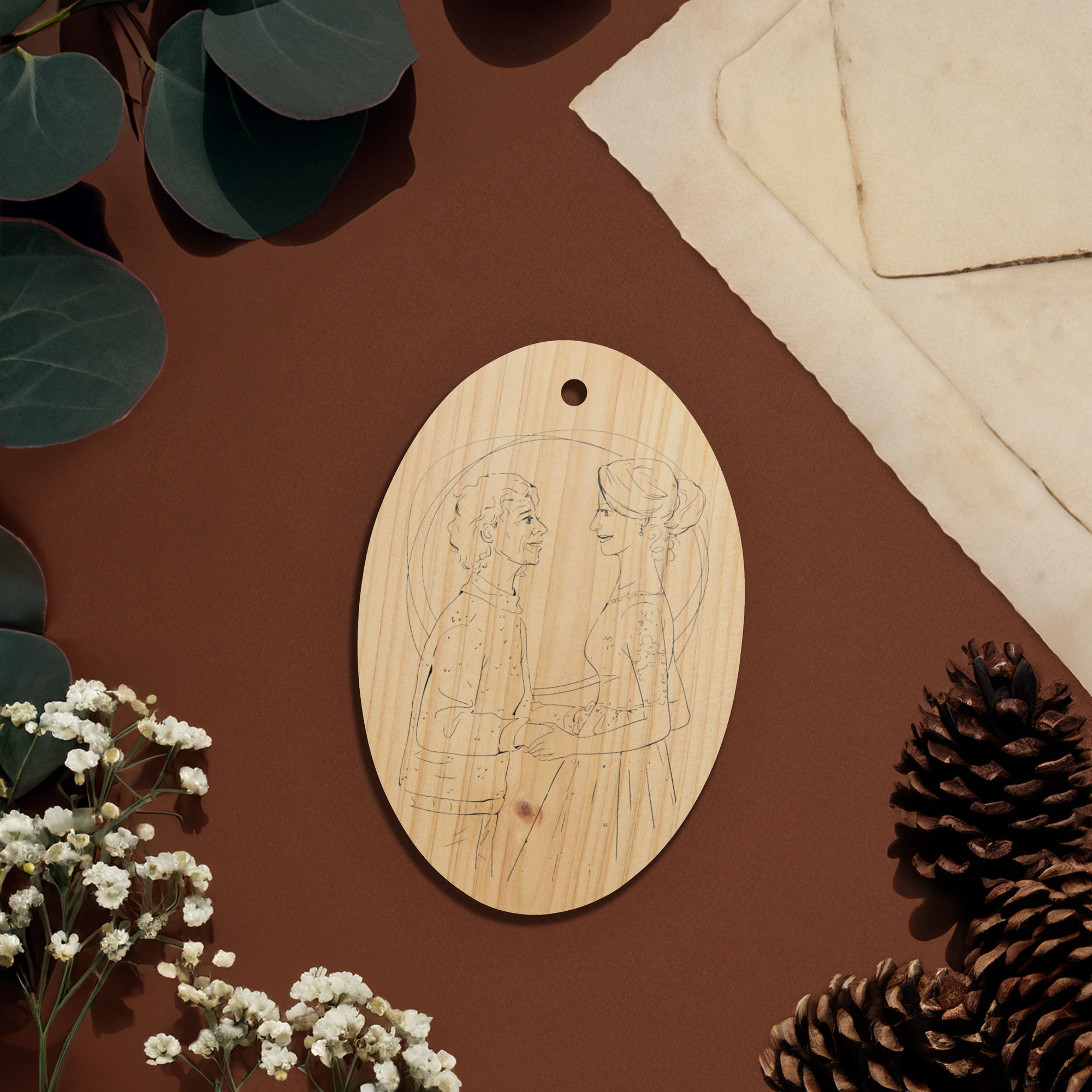 fine line illustration of an older woman embracing a younger woman on her wedding day