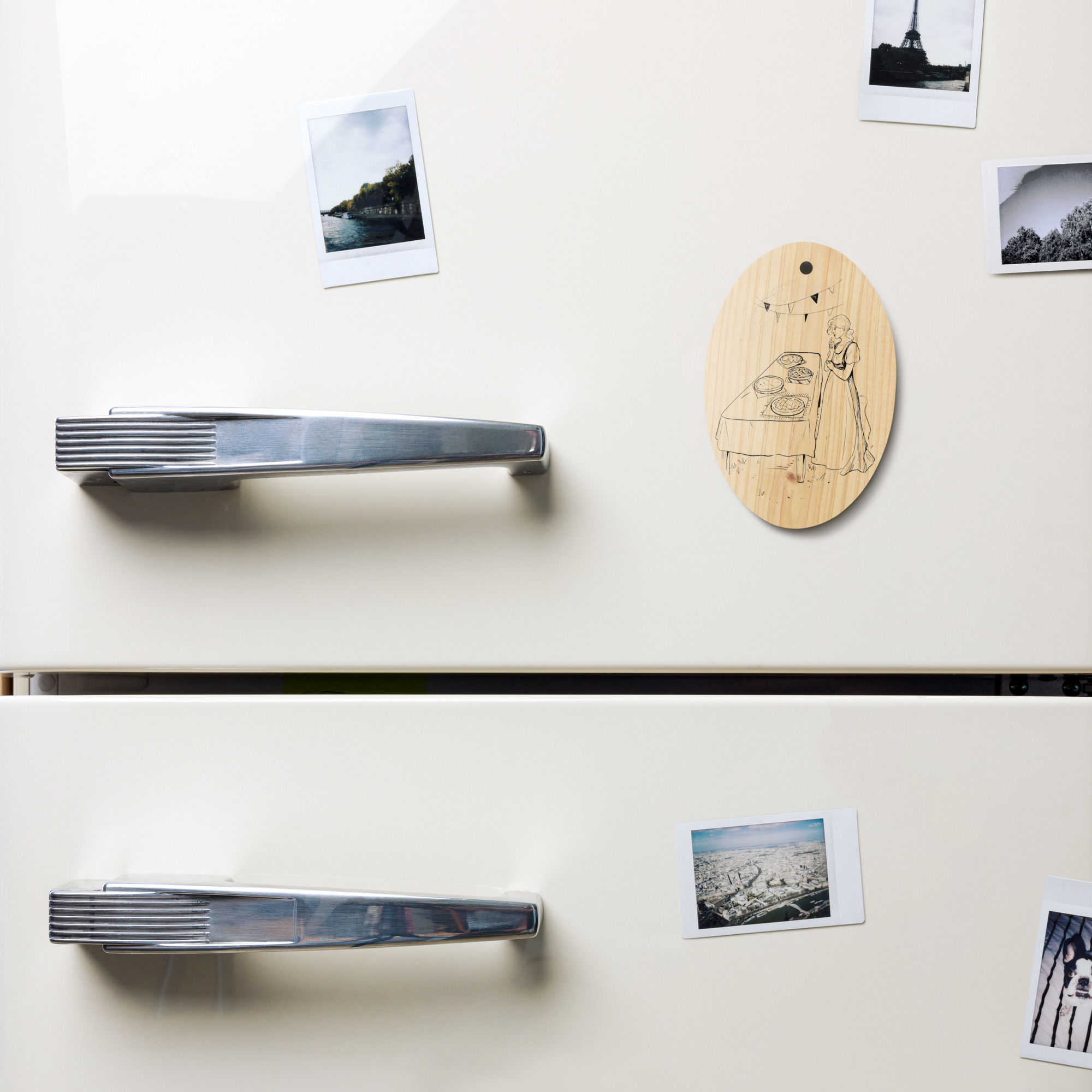 fine line illustration on an oval ornament of a regency-era woman at a pie table during a festival