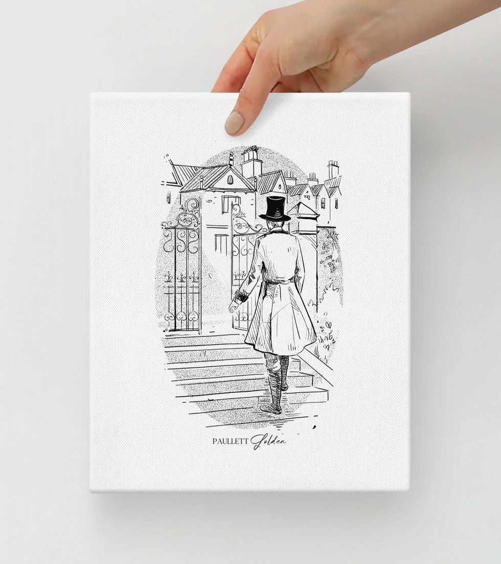 fine line illustration on canvas of a regency era gentleman walking up to a stately home
