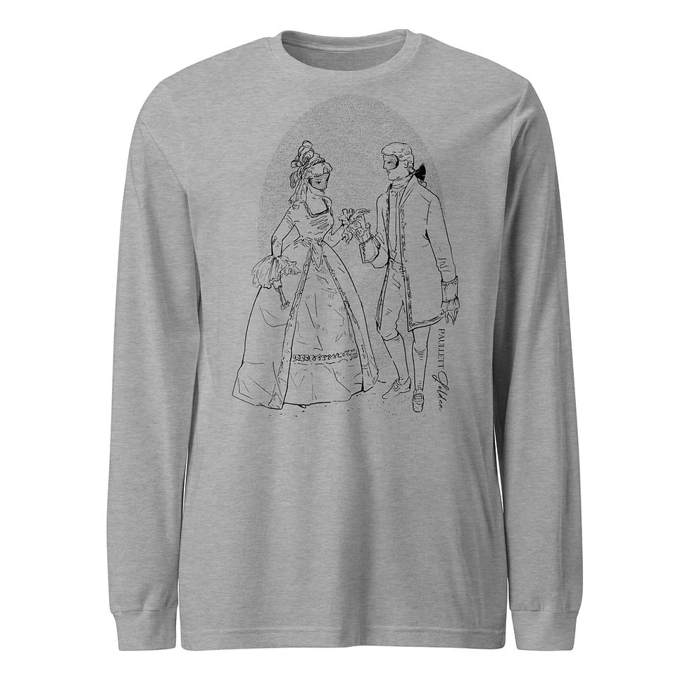 Thumbnail: illustration of an 18th century couple at a masquerade ball on a long-sleeve tee