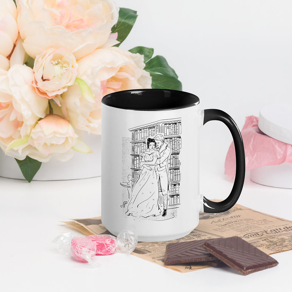 fine line illustration of a regency couple embracing in a library