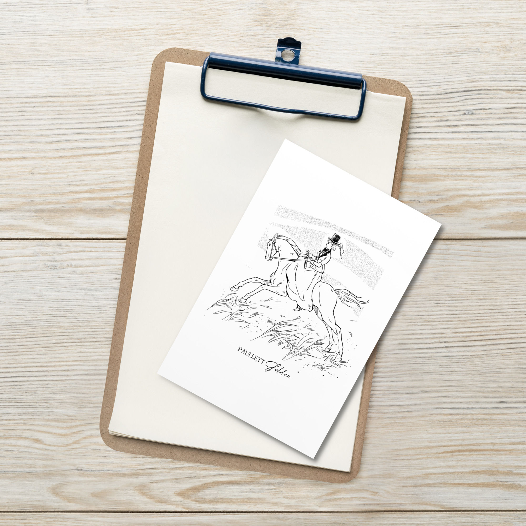 fine line illustration on postcard of a regency woman riding a horse