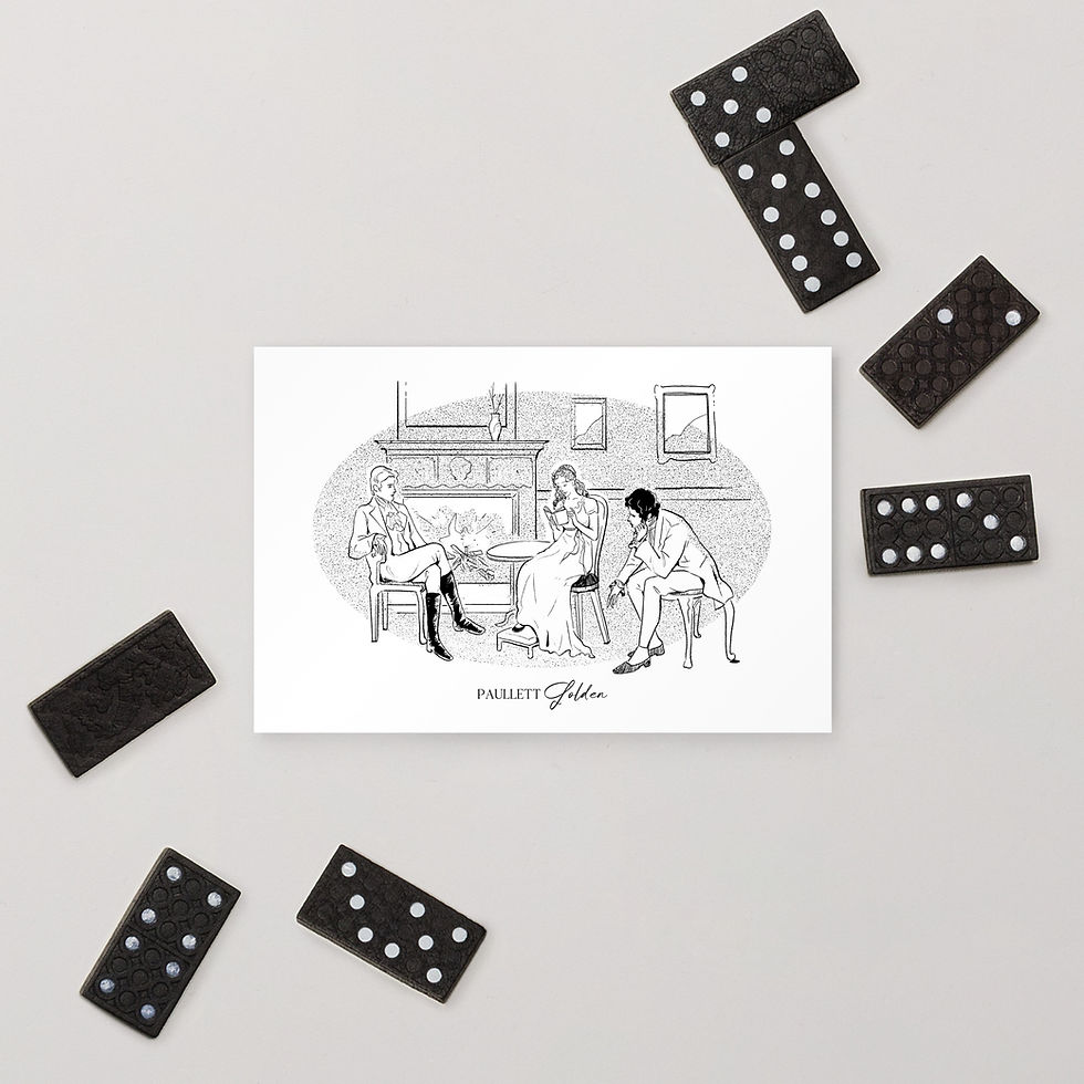 fine line illustration on postcard of three regency-era people sitting in a drawing room