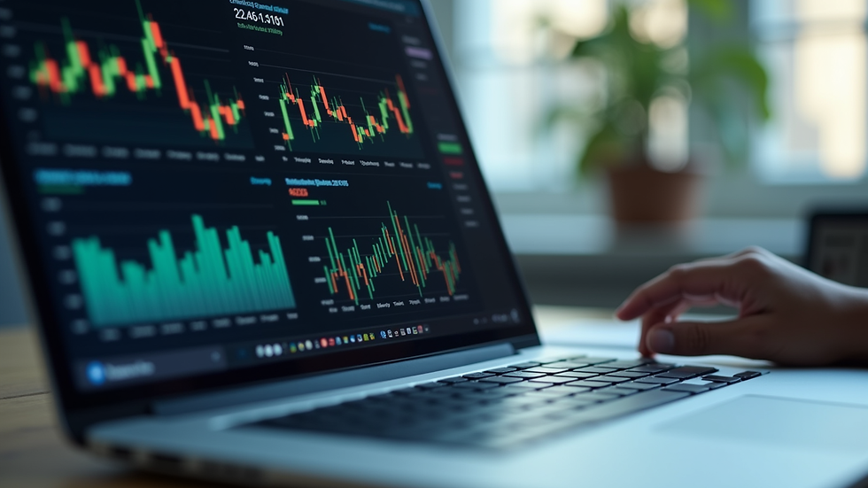 Close-up view of a laptop screen showing financial graphs and reports