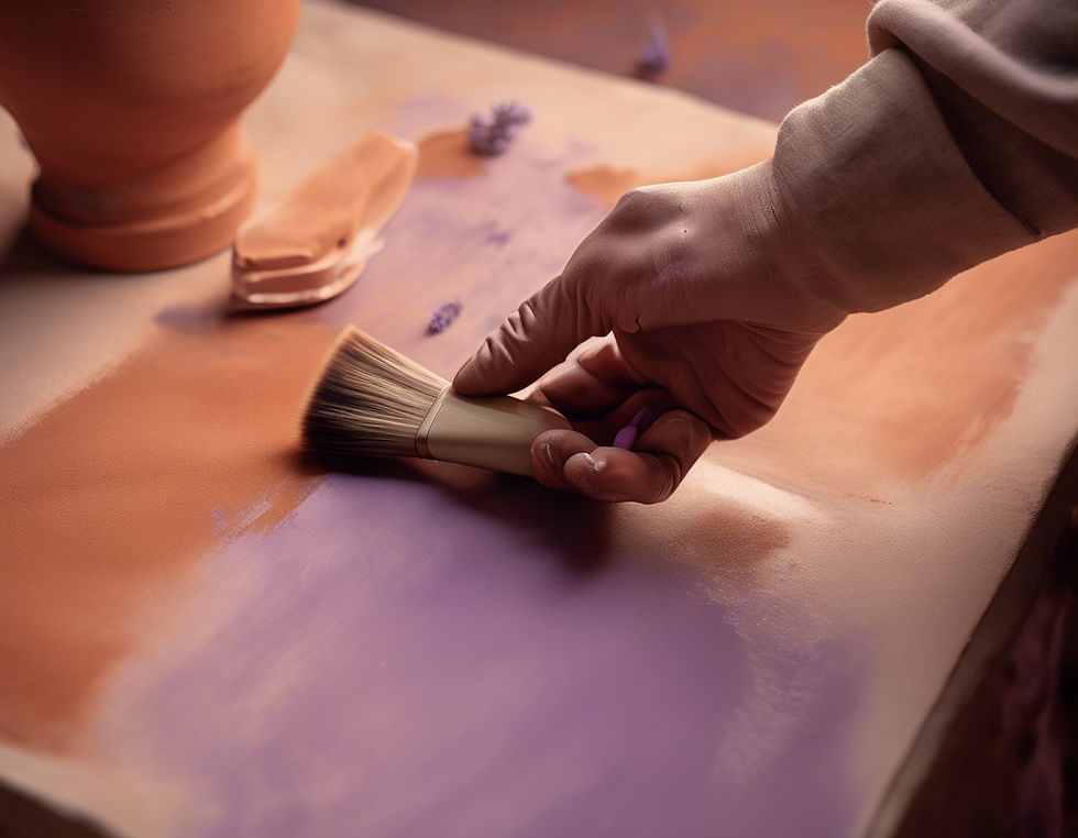 Hand painting a surface with a brush, blending orange and purple. A terracotta pot and scattered flowers in the background. Peaceful mood.