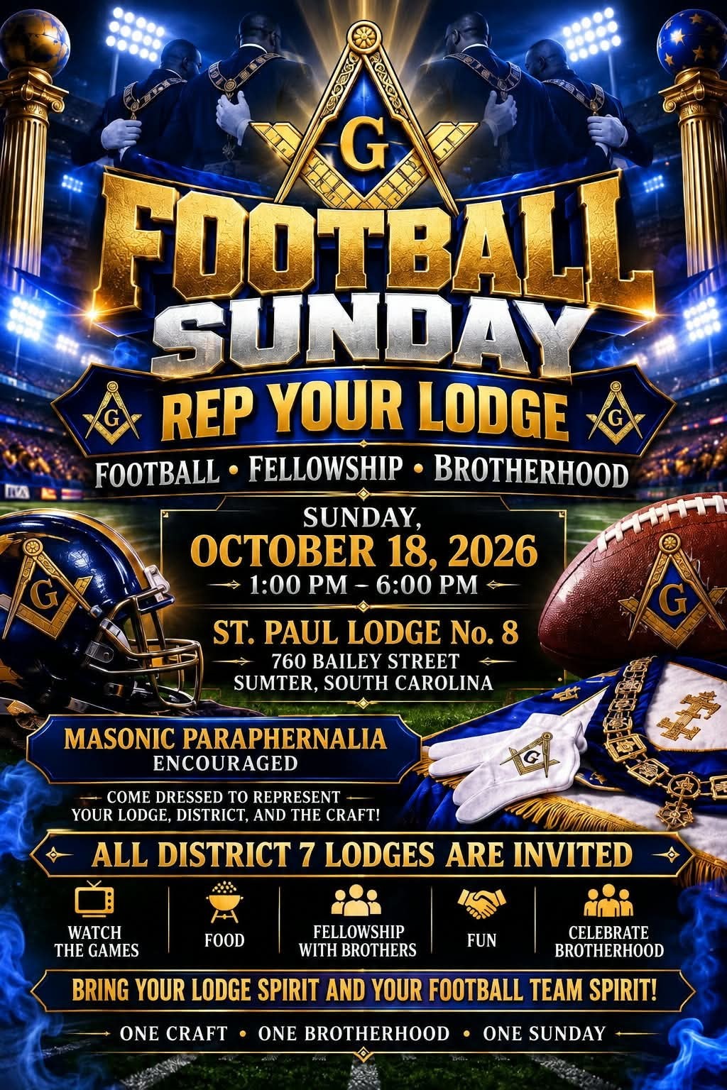 Football Sunday flyer for St. Paul Lodge No. 8 showing the October 18, 2026 event details