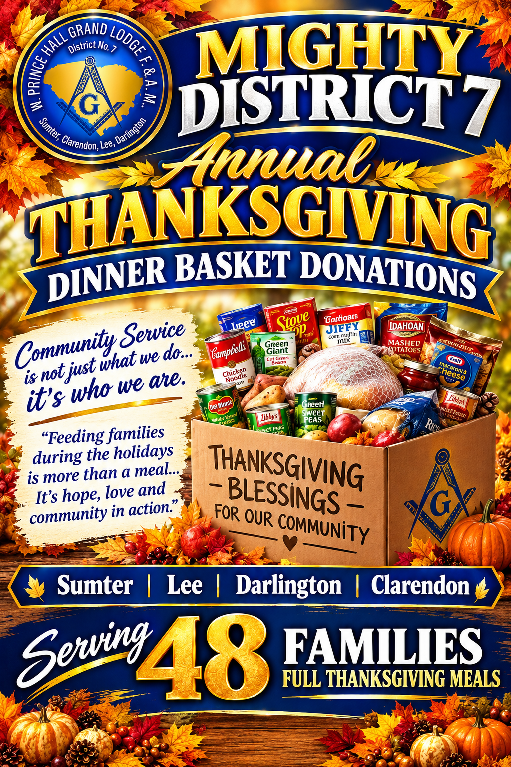 Mighty District 7 Annual Thanksgiving Dinner Basket Donations flyer, serving 48 families in Sumter, Lee, Darlington and Clarendon counties