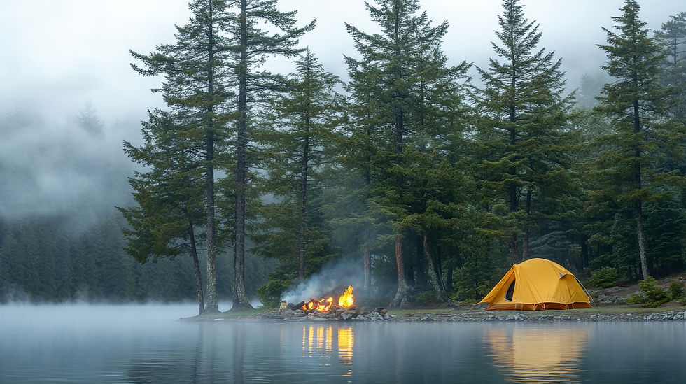 Yellow tent on side of lake with forest