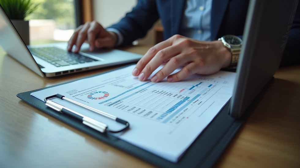 Eye-level view of a person analyzing a profit and loss statement on a laptop