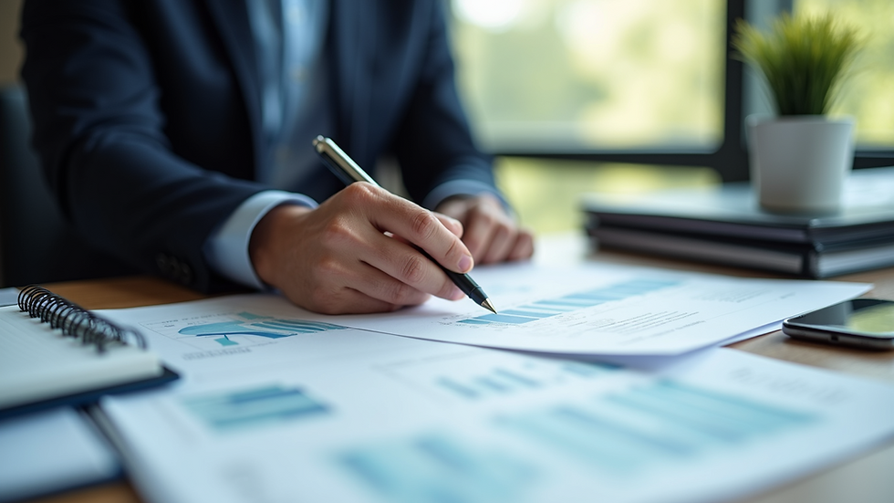 Close-up view of a person organizing financial documents on a desk