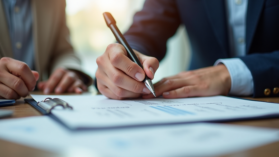 Close-up view of a tax professional reviewing documents with a client